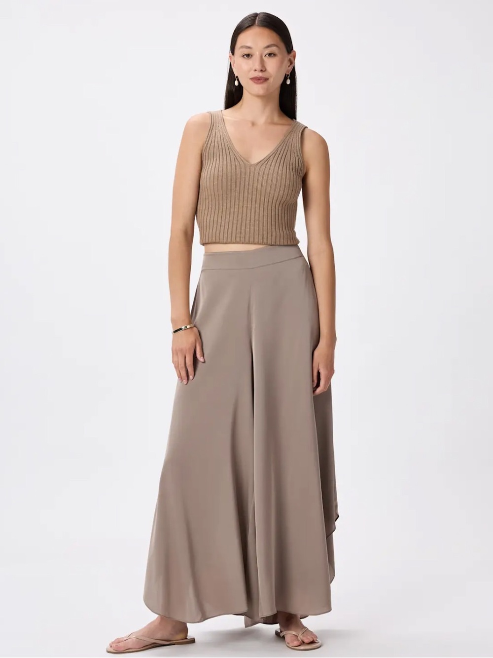 Quince Boho Washable Stretch Silk Minimalist Palazzo Pants in Taupe sz Small NWT